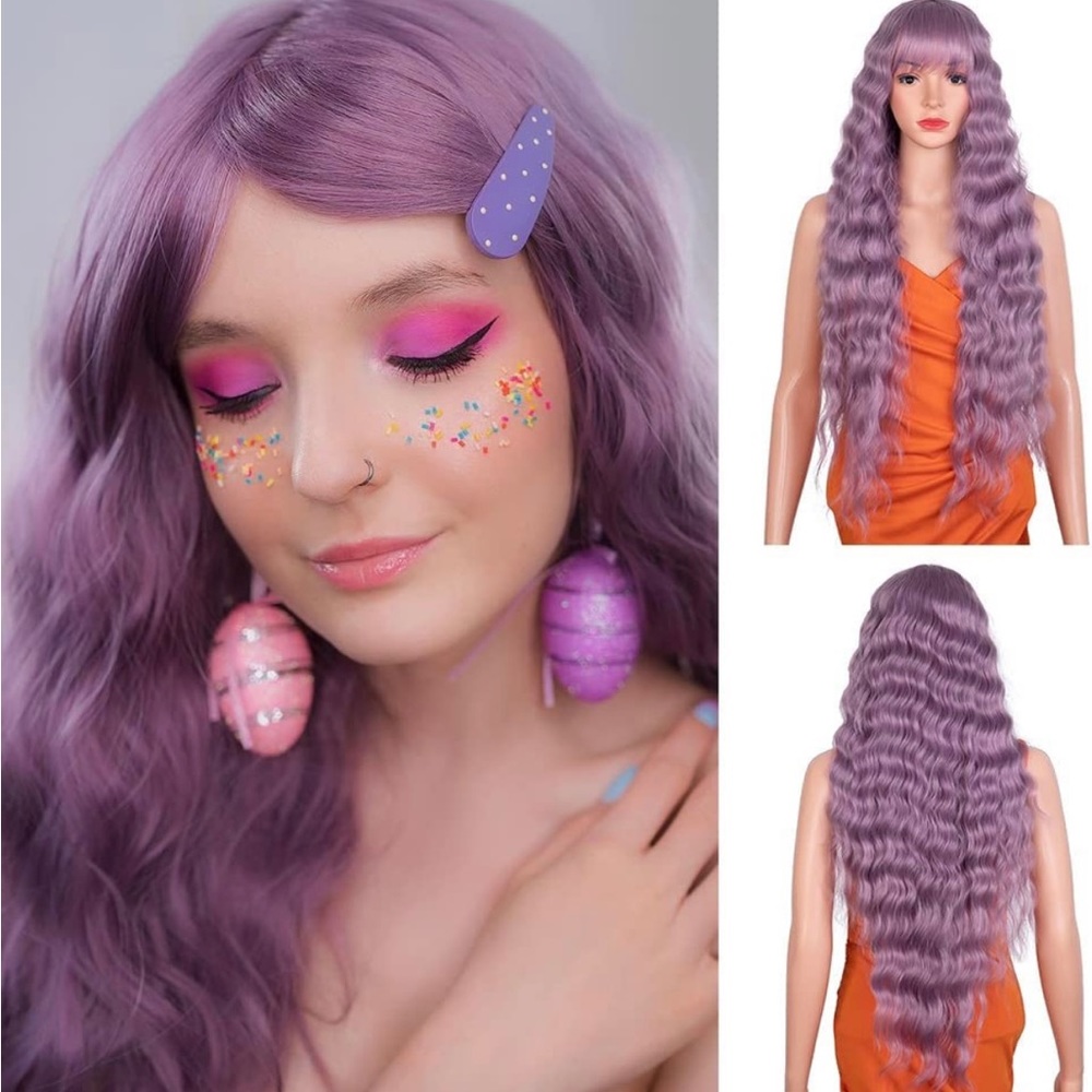 Human hair blend ash purple wig with bang.